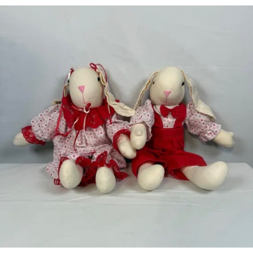 Vintage Handmade Cloth Bunny Rabbit Pair‎ Boy Girl Red Heart Outfits 16" Plush